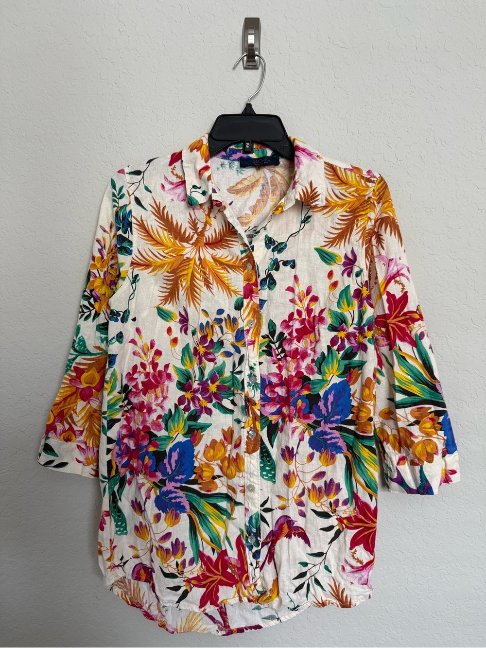Rachel Roy Multicolor Floral Tropical Linen Blend Button Up Top Size S Vacation